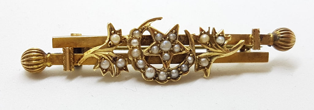15ct Yellow Gold Seed Pearl Ornate Floral Crescent and Star Bar Brooch - Antique / Vintage