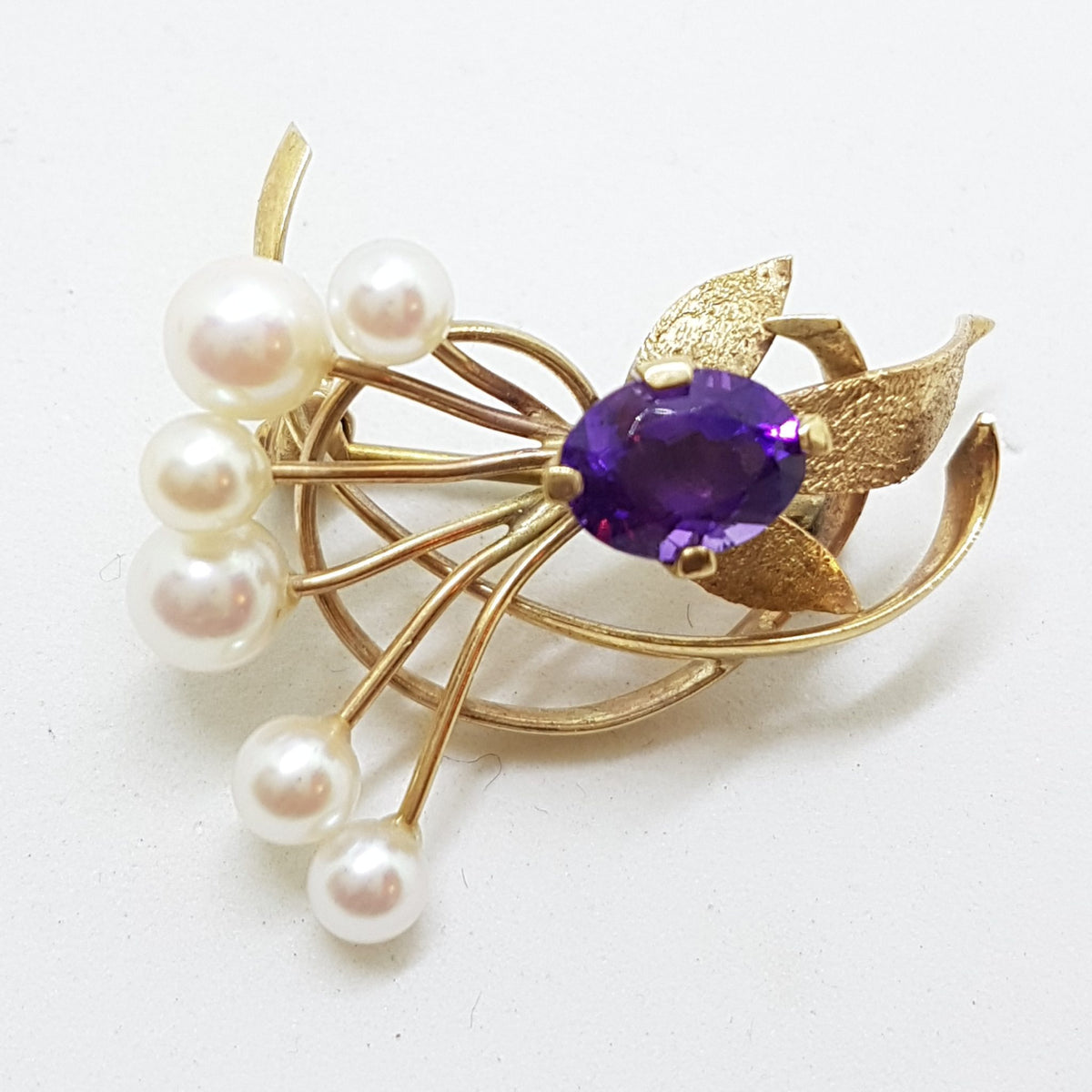 9ct Yellow Gold Amethyst and Pearl Large Swirl Brooch - Antique / Vintage