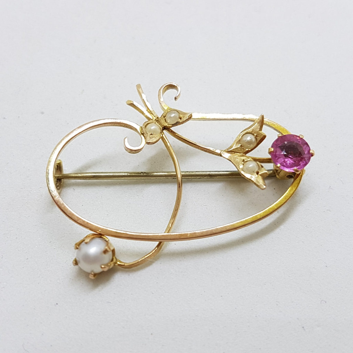 9ct Yellow Gold Oval Ornate Pink with Seed Pearl Brooch – Antique / Vintage