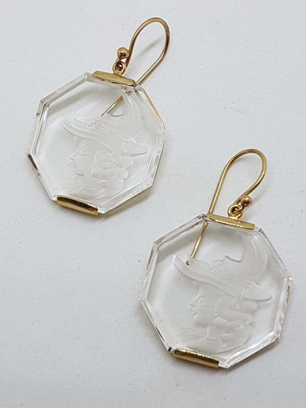 9ct Yellow Gold Carved Clear Crystal Quartz Octagonal Large Cameo Drop Earrings