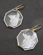 9ct Yellow Gold Carved Clear Crystal Quartz Octagonal Large Cameo Drop Earrings
