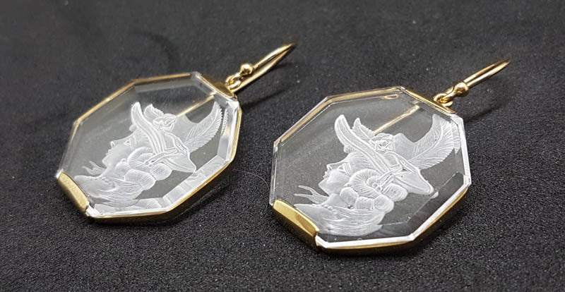 9ct Yellow Gold Carved Clear Crystal Quartz Octagonal Large Cameo Drop Earrings