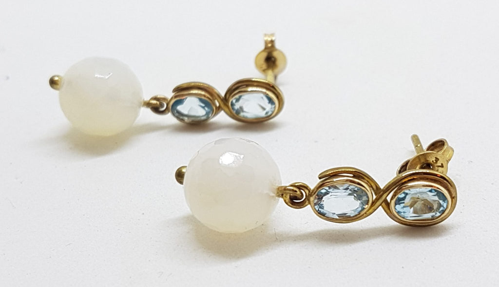 9ct Yellow Gold Topaz &amp; White Agate Ball Drop Earrings - Handmade