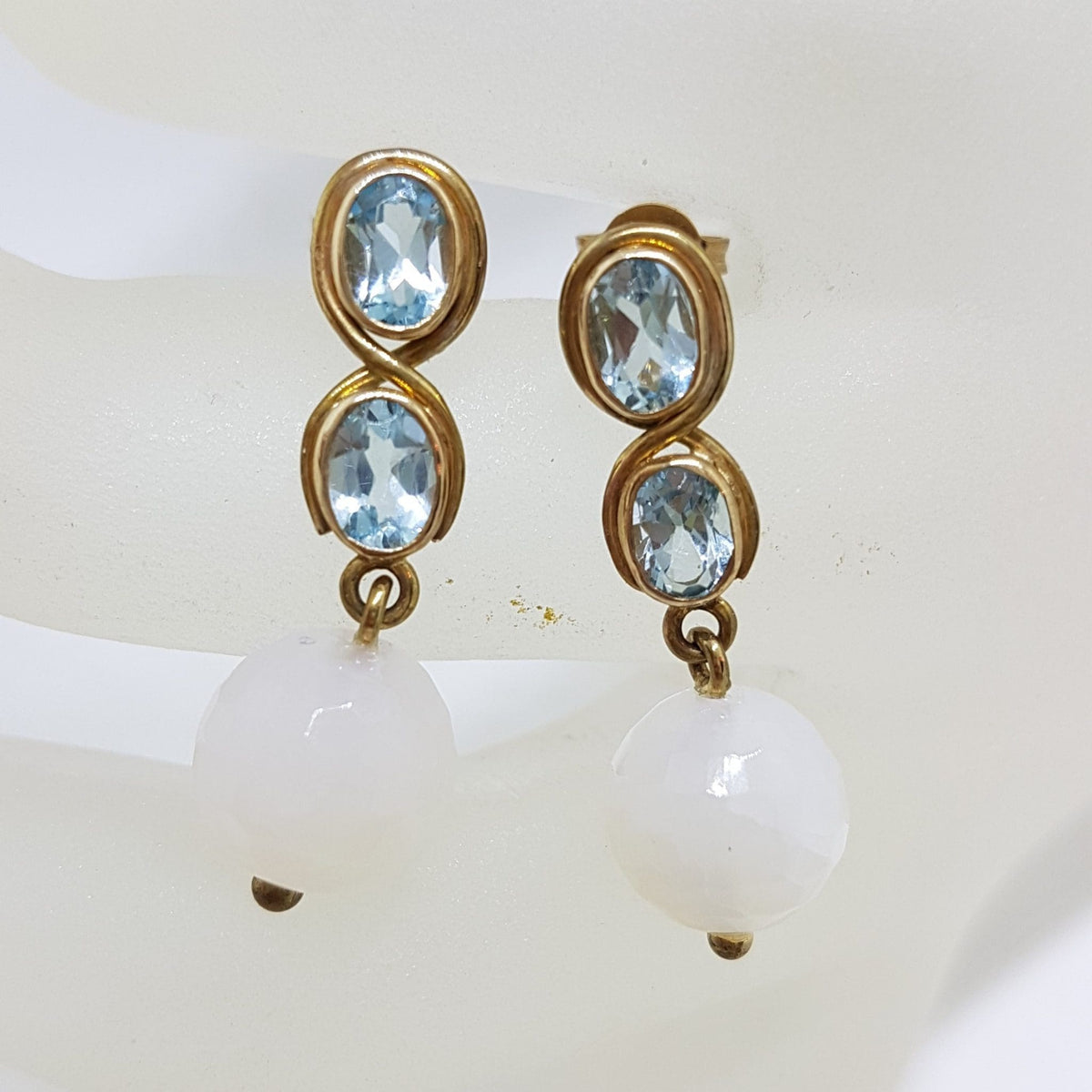 9ct Yellow Gold Topaz &amp; White Agate Ball Drop Earrings - Handmade