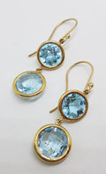 9ct Yellow Gold Double Round Blue Topaz Long Drop Earrings