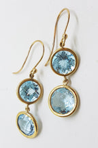 9ct Yellow Gold Double Round Blue Topaz Long Drop Earrings
