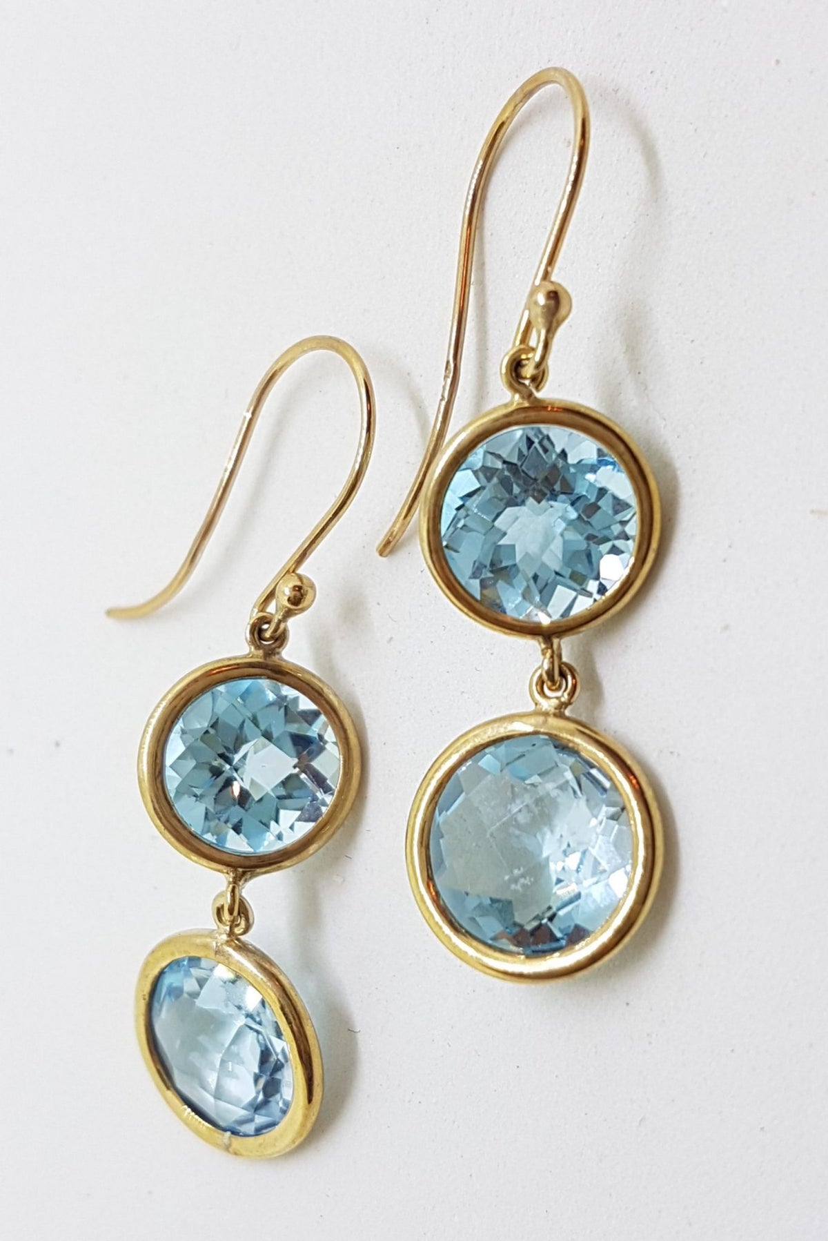 9ct Yellow Gold Double Round Blue Topaz Long Drop Earrings