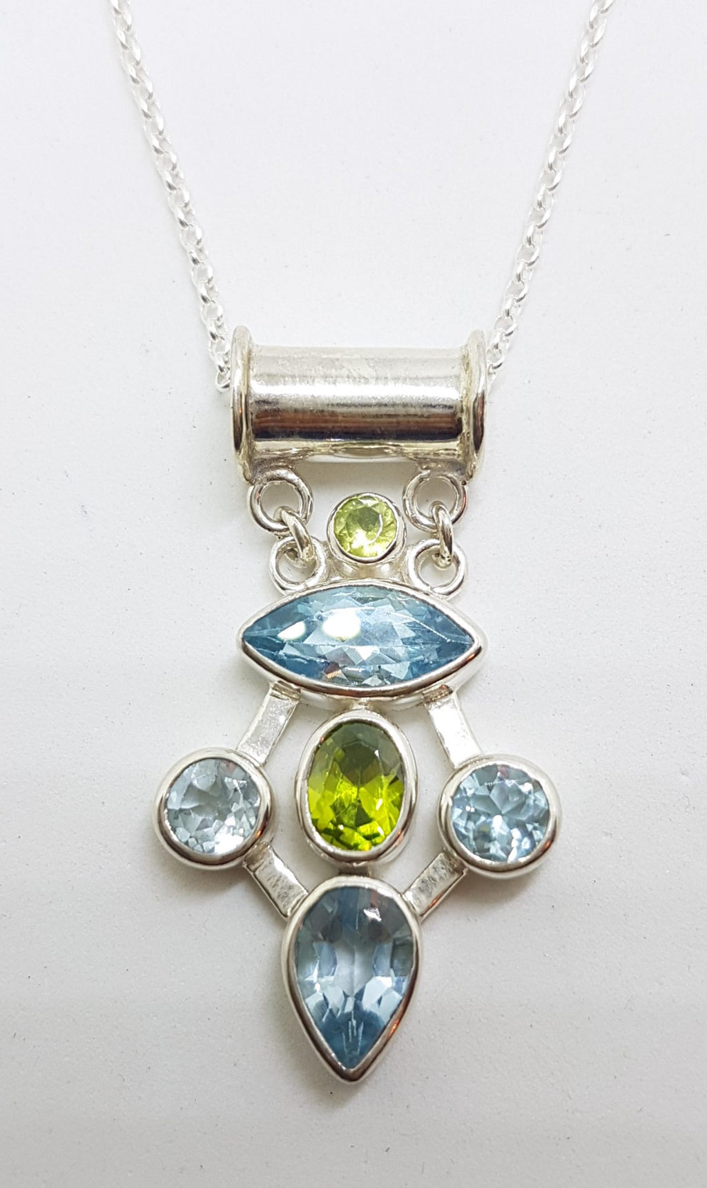 Sterling Silver Topaz and Peridot Cluster Pendant on Silver Chain