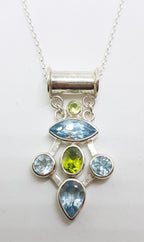 Sterling Silver Topaz and Peridot Cluster Pendant on Silver Chain