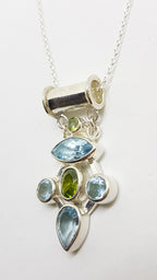 Sterling Silver Topaz and Peridot Cluster Pendant on Silver Chain