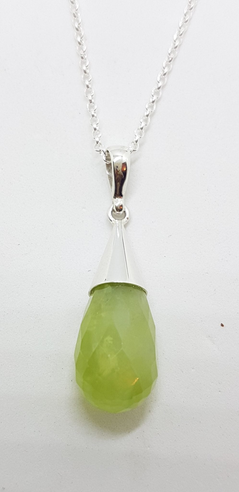 Sterling Silver Cone Drop Prehnite Pendant on Silver Chain