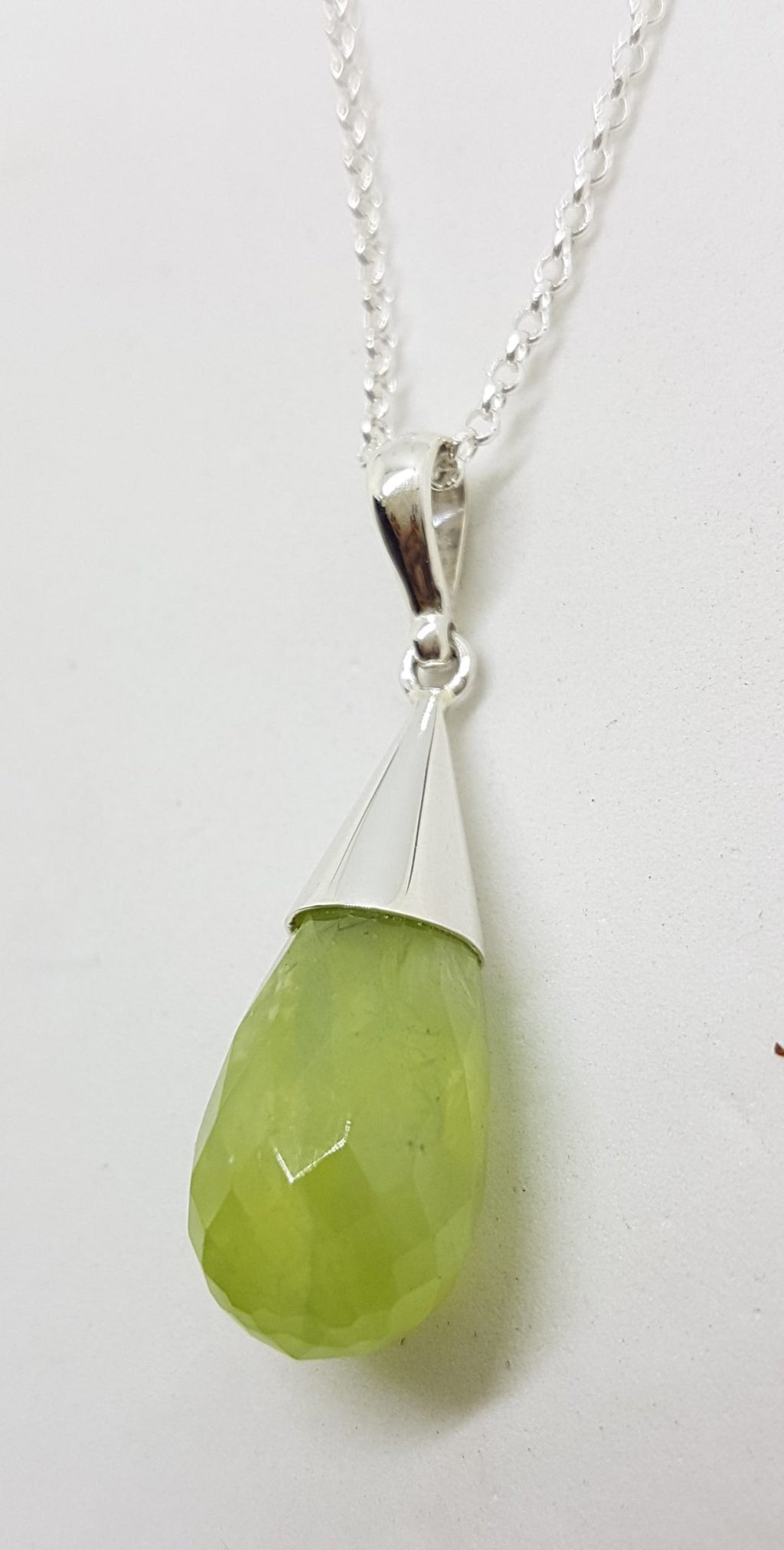 Sterling Silver Cone Drop Prehnite Pendant on Silver Chain