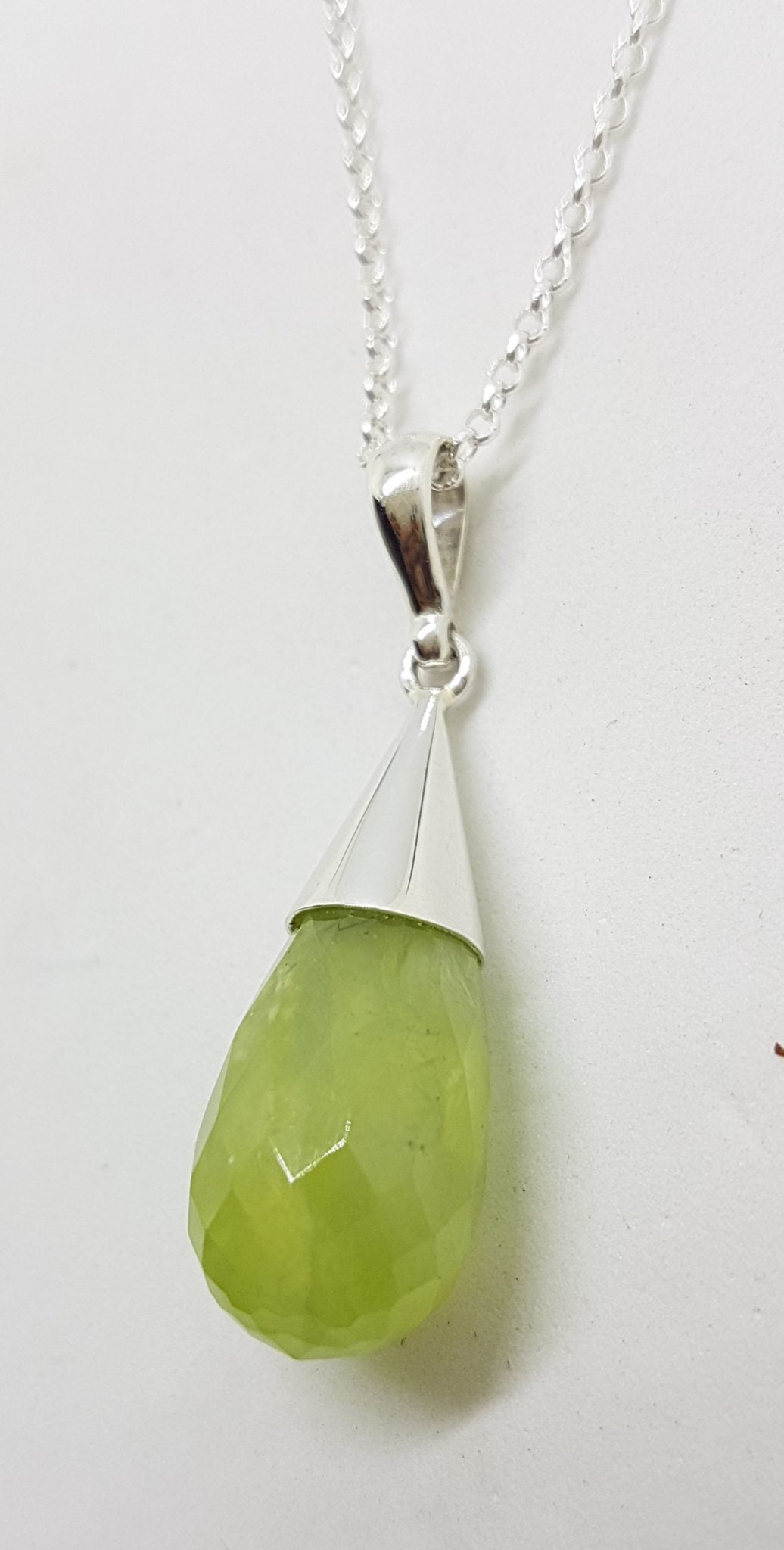 Sterling Silver Cone Drop Prehnite Pendant on Silver Chain