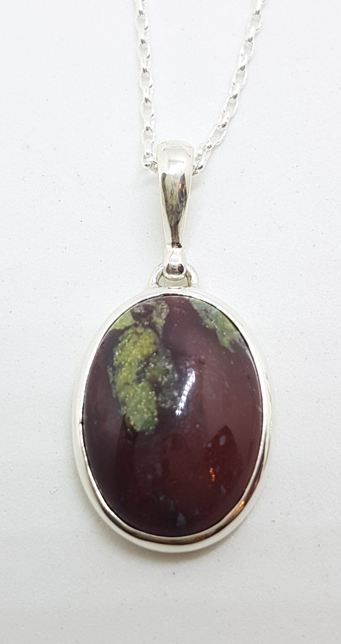 Sterling Silver Oval Dragon Blood Jasper Pendant on Silver Chain