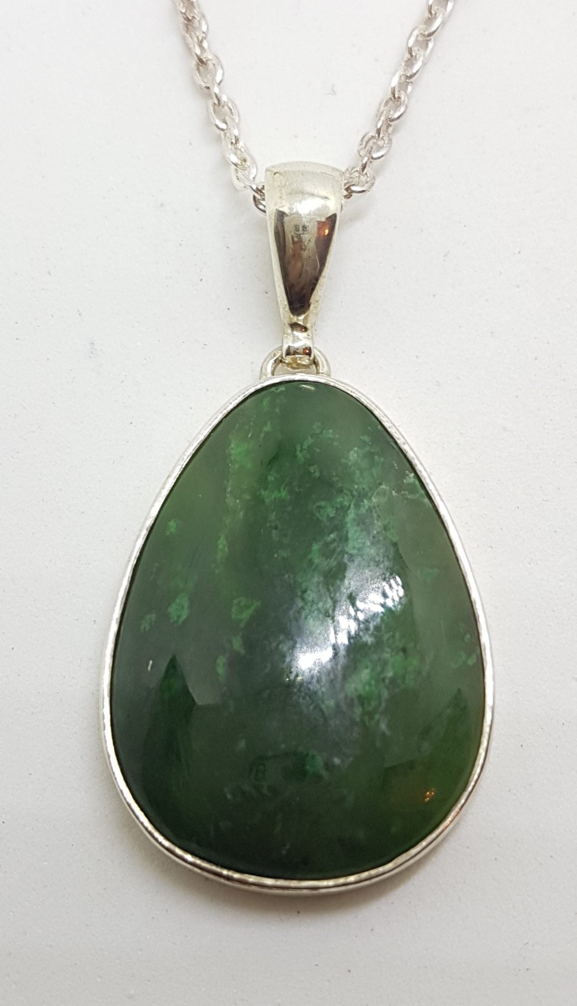 Sterling Silver Teardrop Shape Nephrite Jade Pendant on Silver Chain