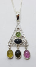 Sterling Silver Ornate Filigree Multi-Colour Toumaline Drop Pendant on Silver Chain
