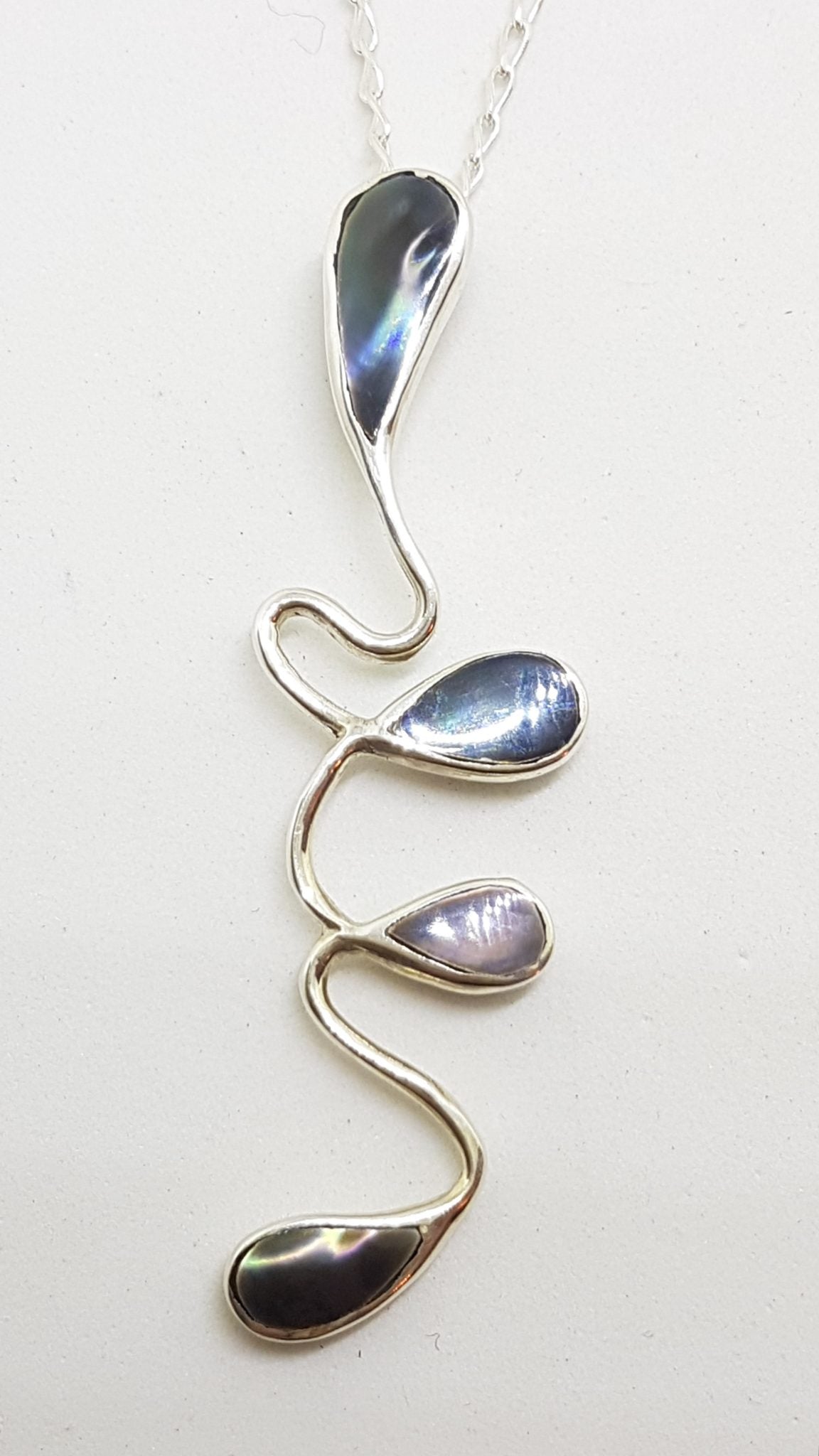 Sterling Silver Long Twist Paua Shell Pendant on Silver Chain