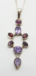 Sterling Silver Long Garnet, Tourmaline &amp; Amethyst Pendant on Silver Chain