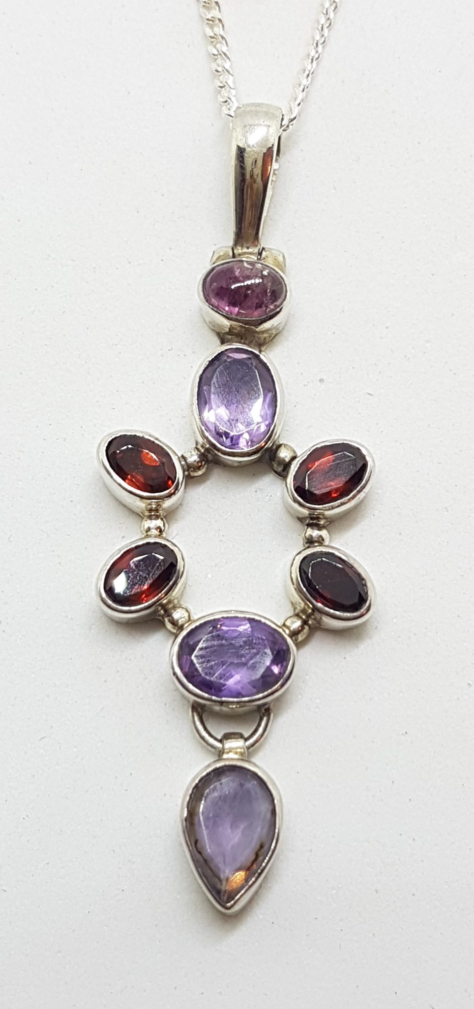Sterling Silver Long Garnet, Tourmaline &amp; Amethyst Pendant on Silver Chain