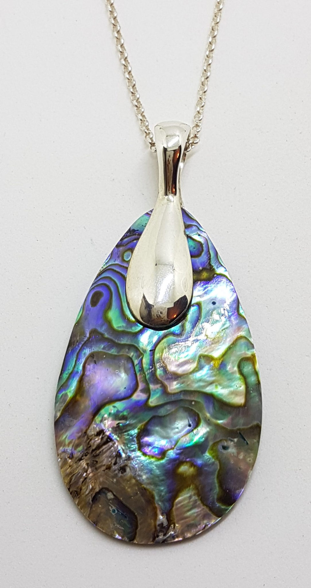 Sterling Silver Long Paua Shell Teardrop Shape Pendant on Silver Chain