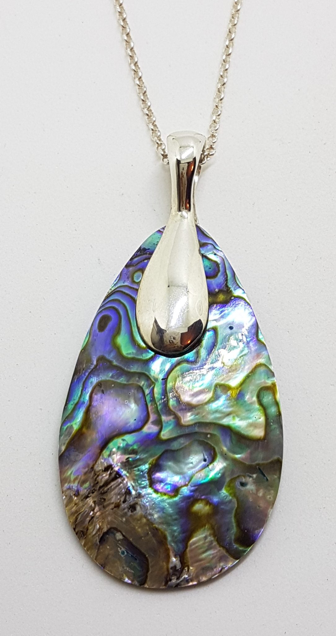 Sterling Silver Long Paua Shell Teardrop Shape Pendant on Silver Chain