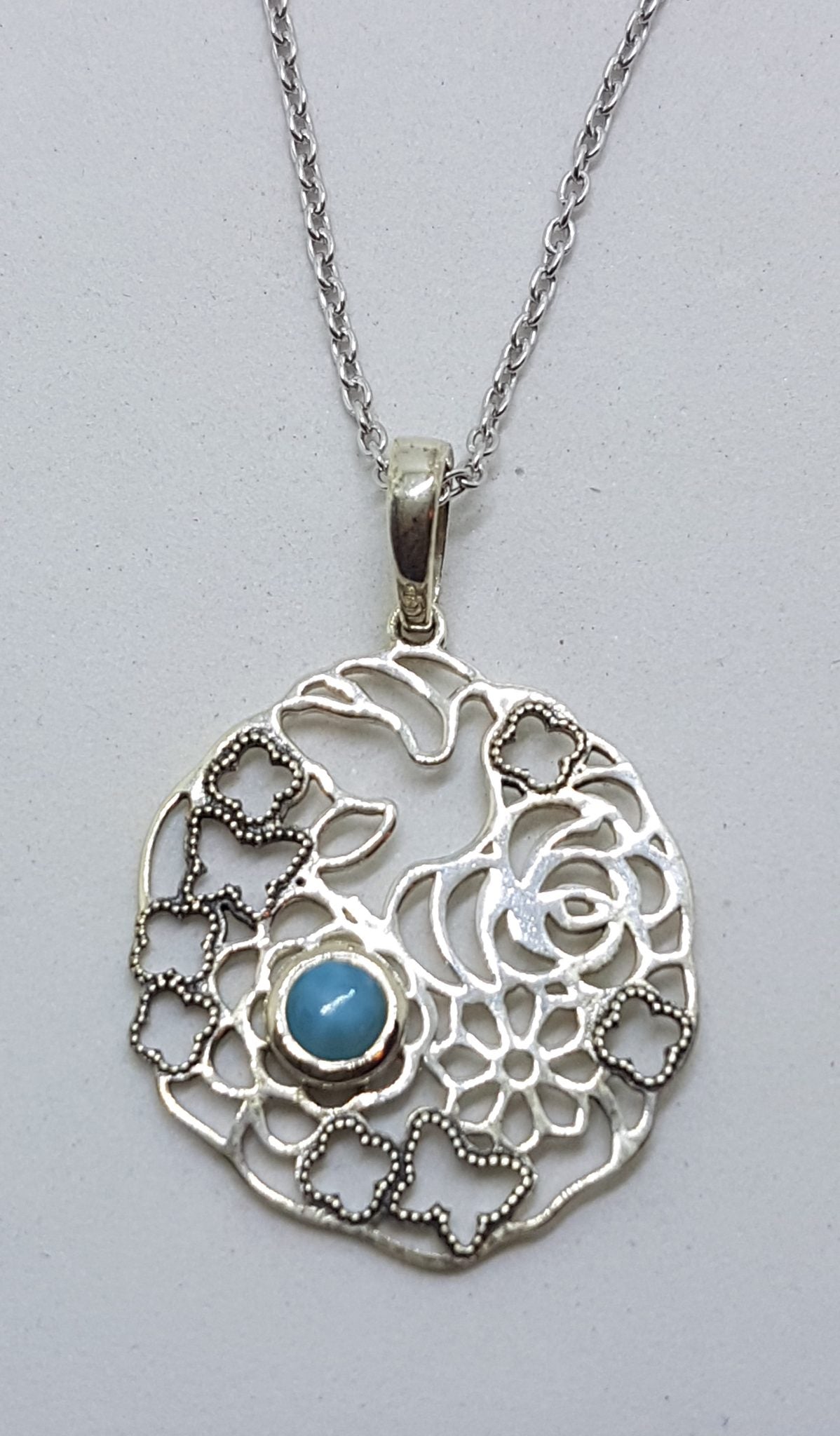 Sterling Silver Larimar Peace Dove / Bird Ornate Pendant on Silver Chain