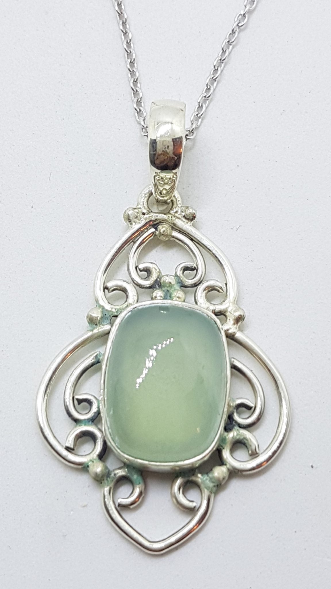 Sterling Silver Chalcedony Ornate Pendant on Silver Chain