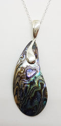 Sterling Silver Long Paua Shell Curved Teardrop Shape Pendant on Silver Chain