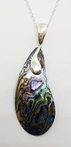 Sterling Silver Long Paua Shell Curved Teardrop Shape Pendant on Silver Chain