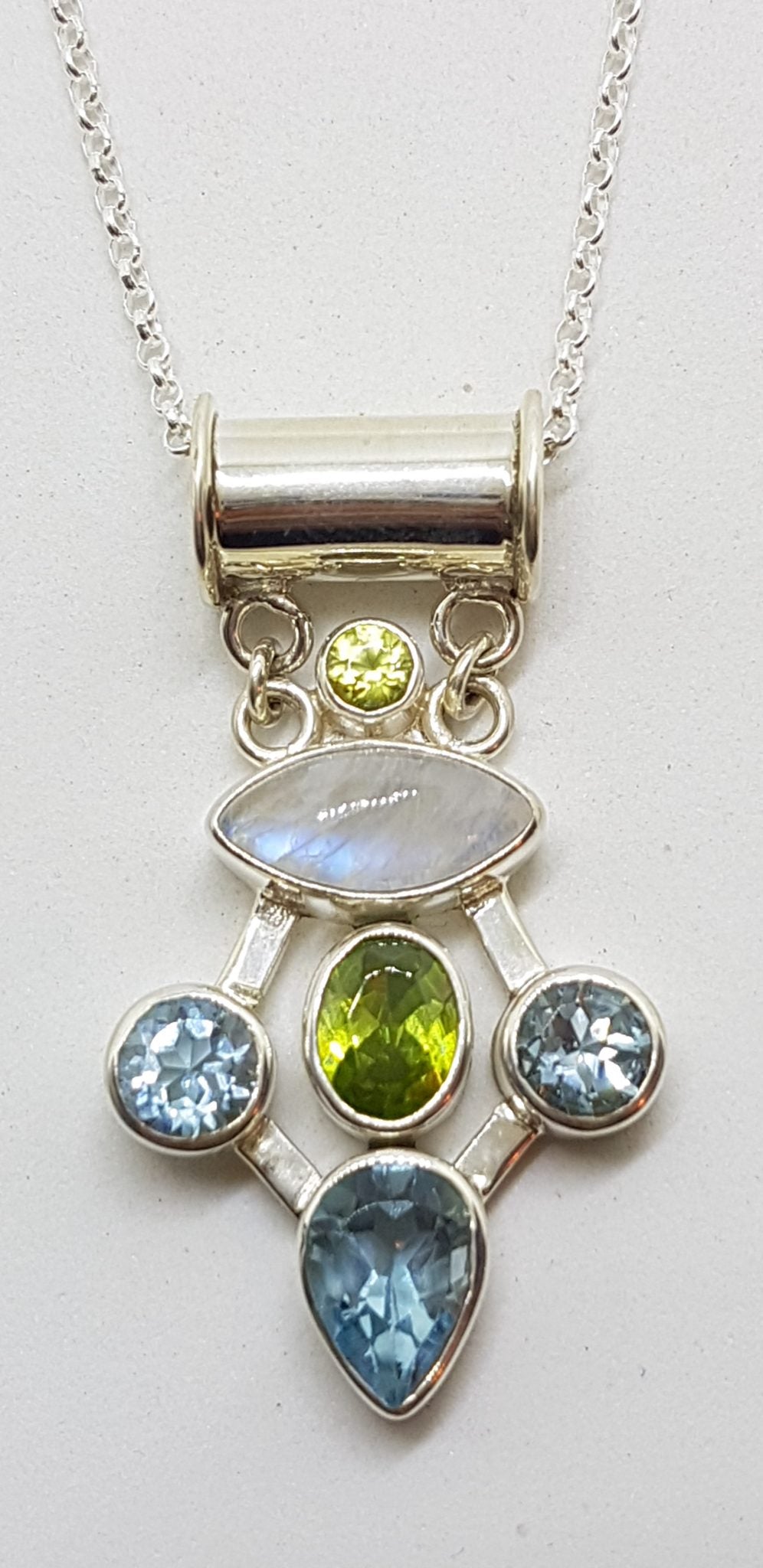 Sterling Silver Topaz, Moonstone and Peridot Cluster Pendant on Silver Chain