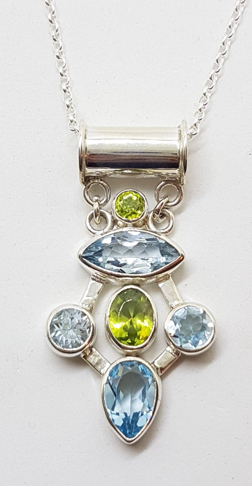 Sterling Silver Topaz and Peridot Cluster Pendant on Silver Chain