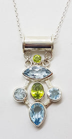 Sterling Silver Topaz and Peridot Cluster Pendant on Silver Chain
