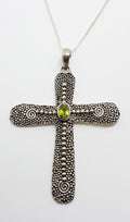 Sterling Silver Large Peridot Cross / Crucifix Pendant on Silver Chain - Oval