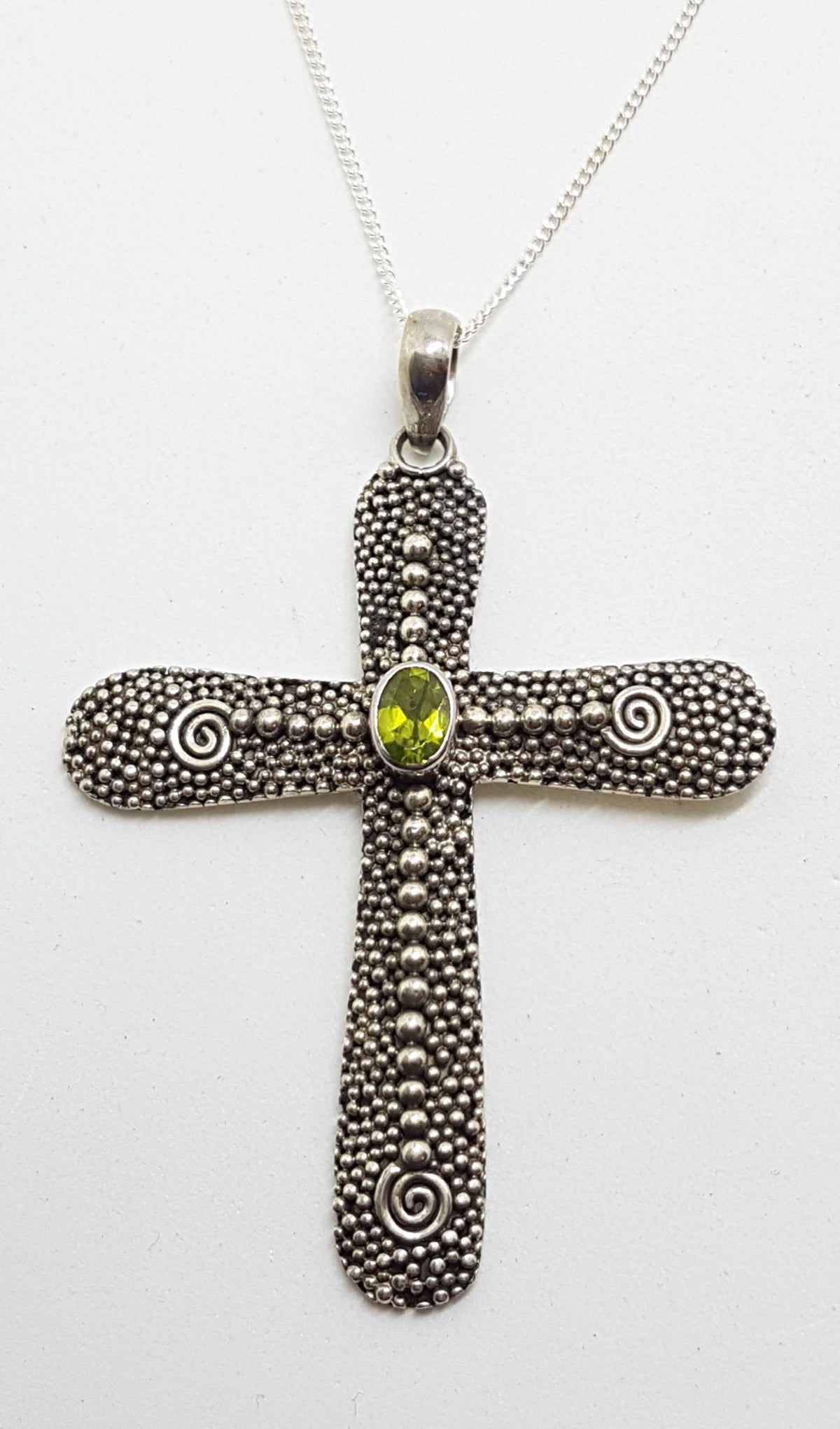 Sterling Silver Large Peridot Cross / Crucifix Pendant on Silver Chain - Oval