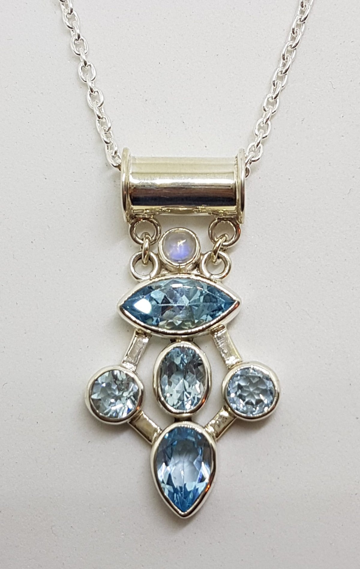 Sterling Silver Topaz &amp; Moonstone Cluster Pendant on Silver Chain