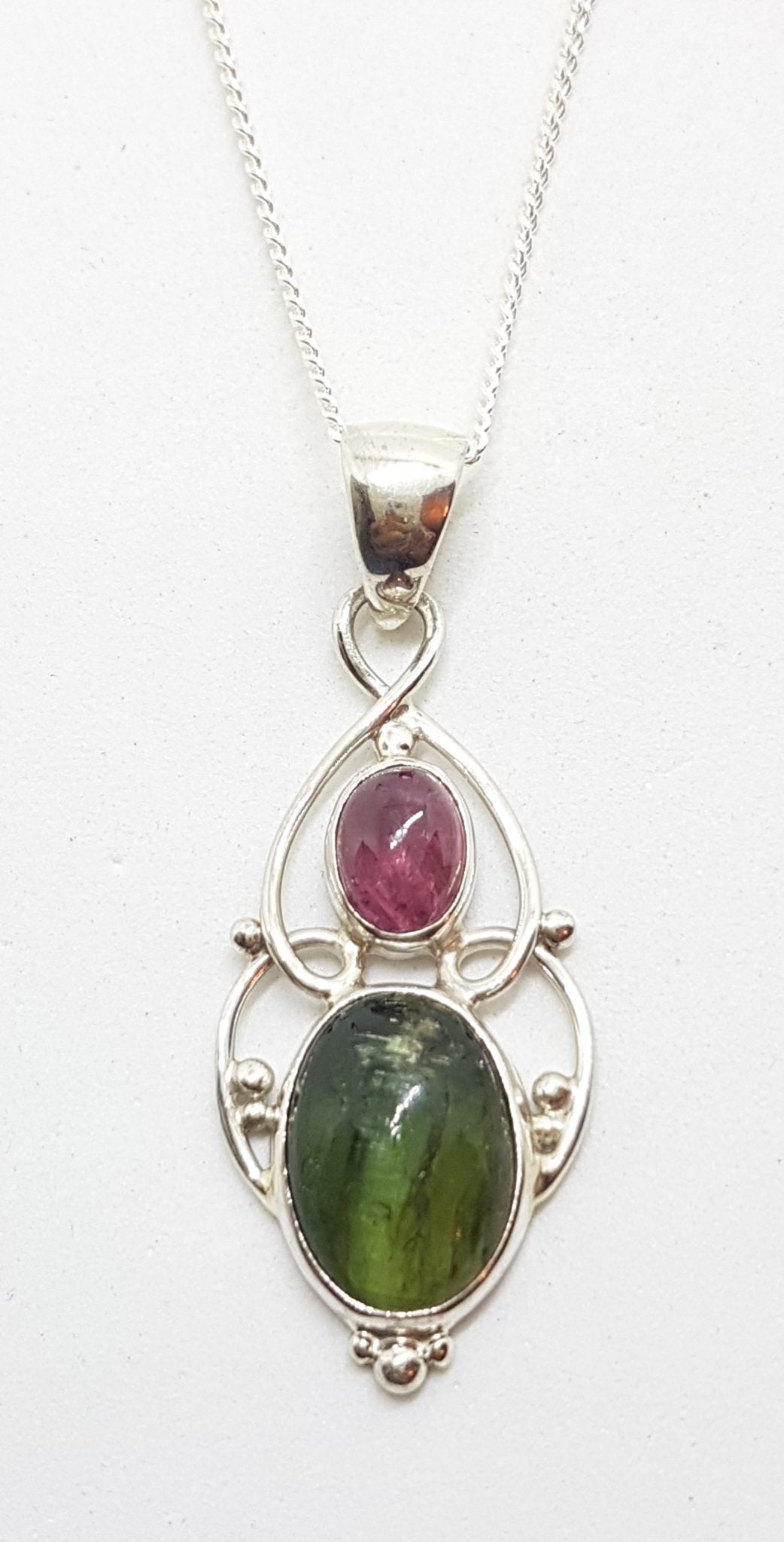 Sterling Silver Pink &amp; Green Ornate Tourmaline Pendant on Silver Chain