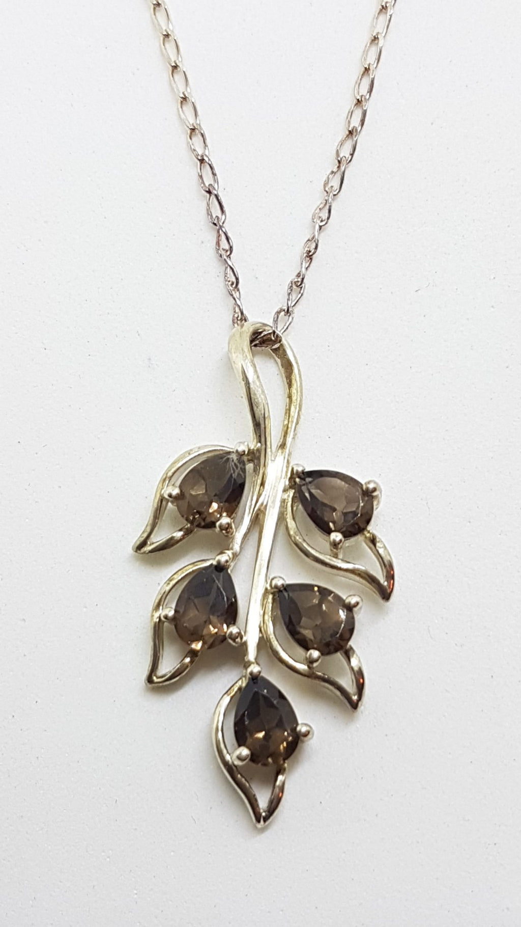 Sterling Silver Smokey Quartz Leaf Design Pendant on Silver Chain
