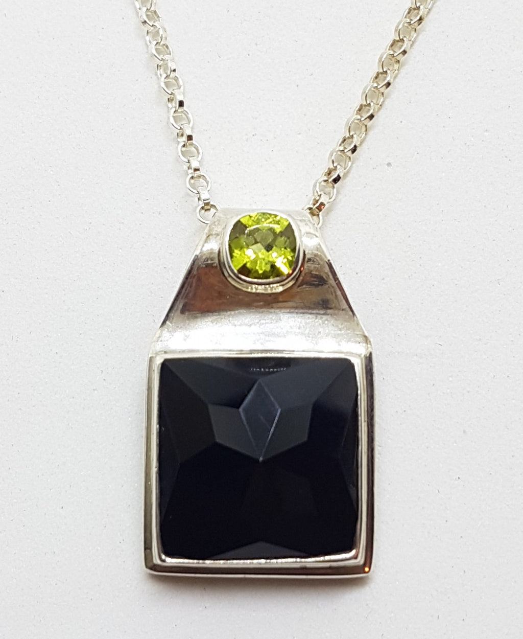 Sterling Silver Square Black Onyx and Peridot Pendant on Silver Chain