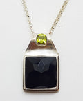 Sterling Silver Square Black Onyx and Peridot Pendant on Silver Chain