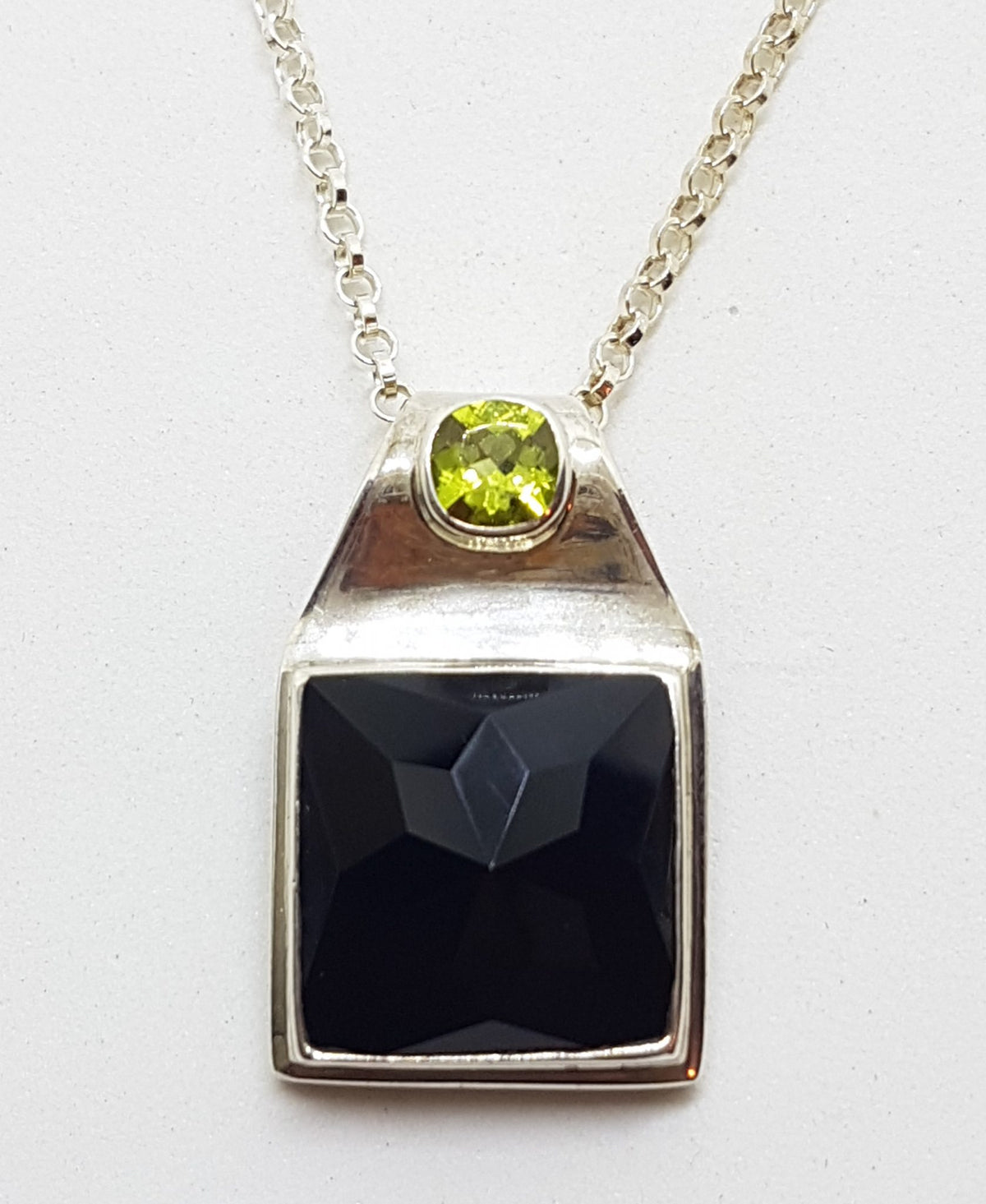 Sterling Silver Square Black Onyx and Peridot Pendant on Silver Chain