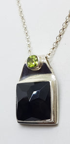 Sterling Silver Square Black Onyx and Peridot Pendant on Silver Chain