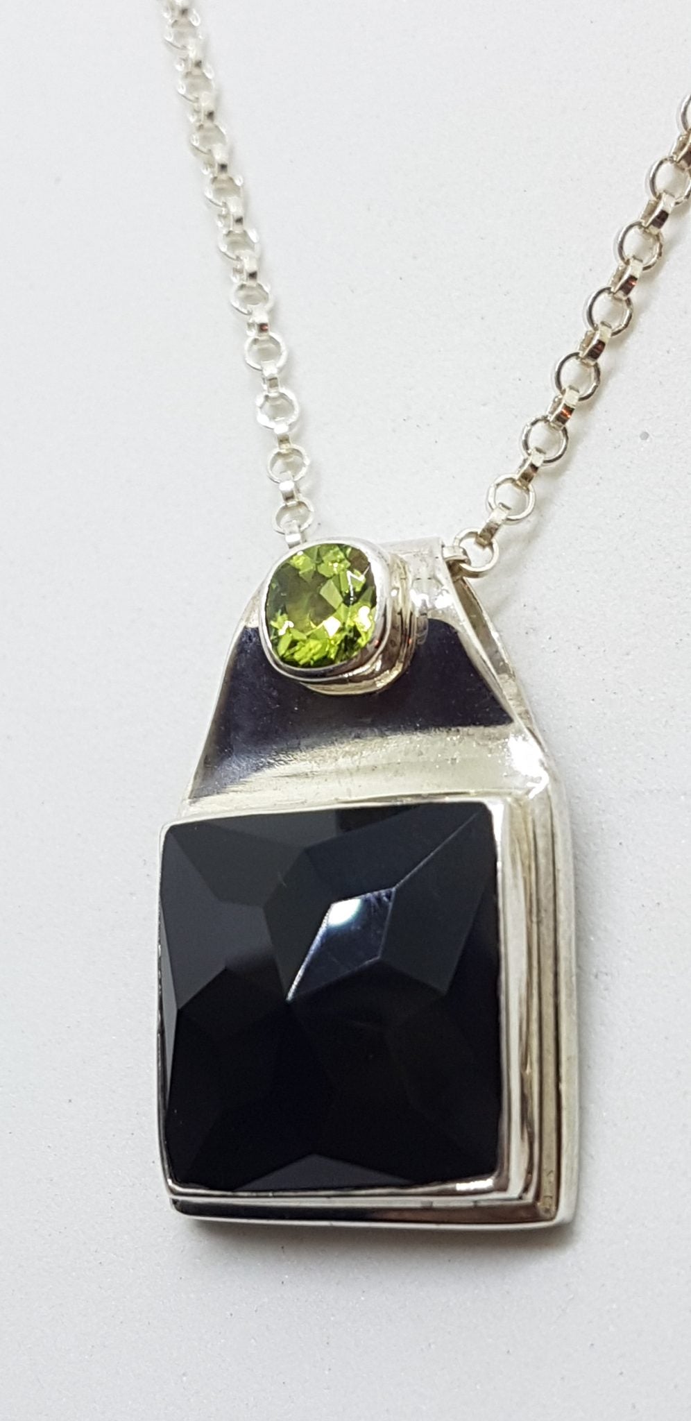 Sterling Silver Square Black Onyx and Peridot Pendant on Silver Chain