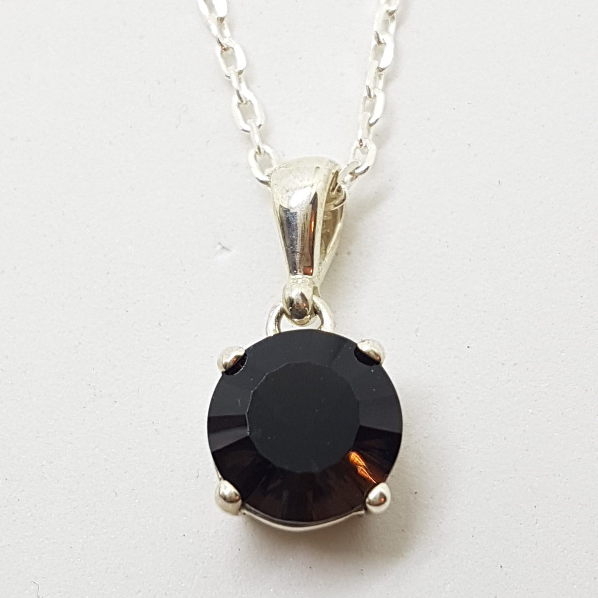 Sterling Silver Round Smokey Quartz Pendant on Silver Chain