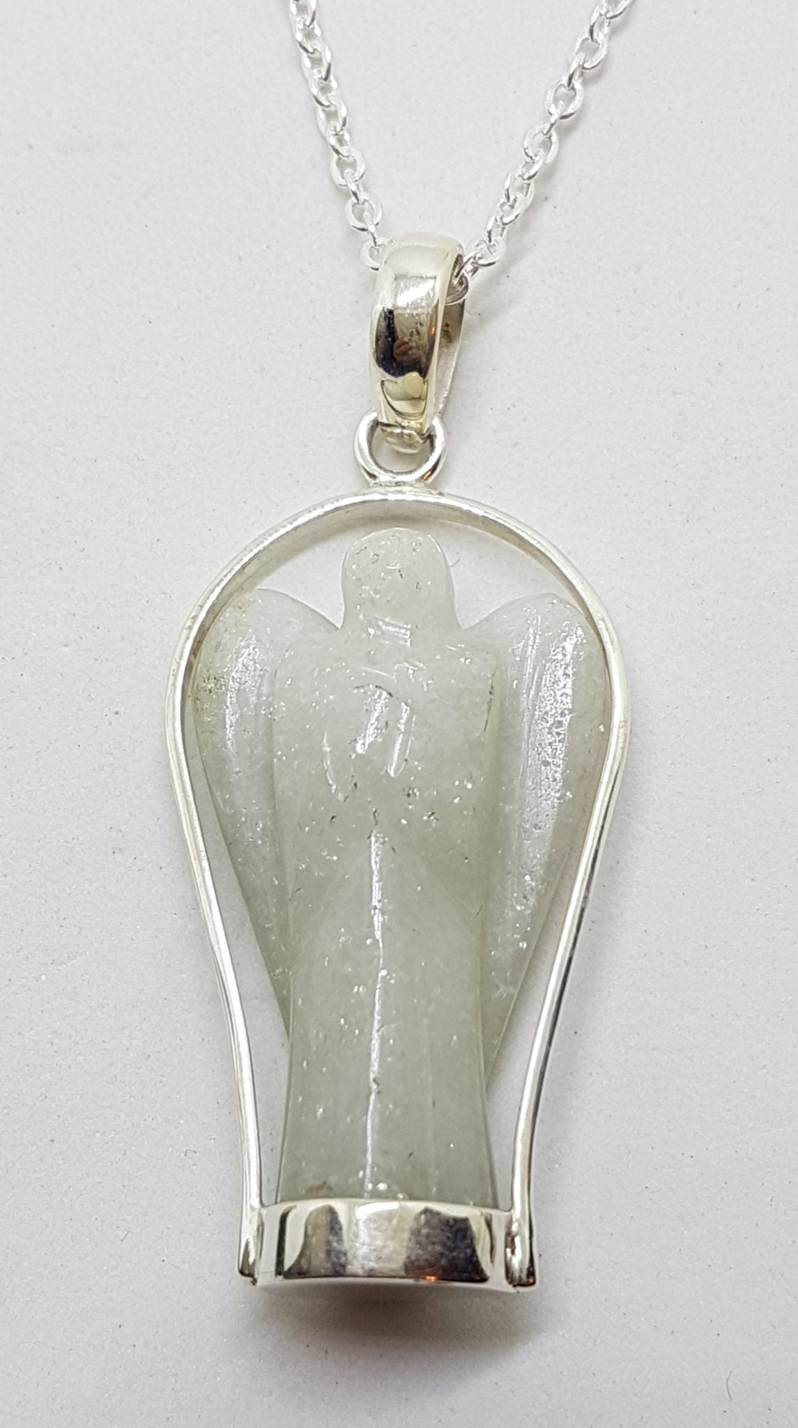 Sterling Silver Aventurine Carved Angel Pendant on Silver Chain