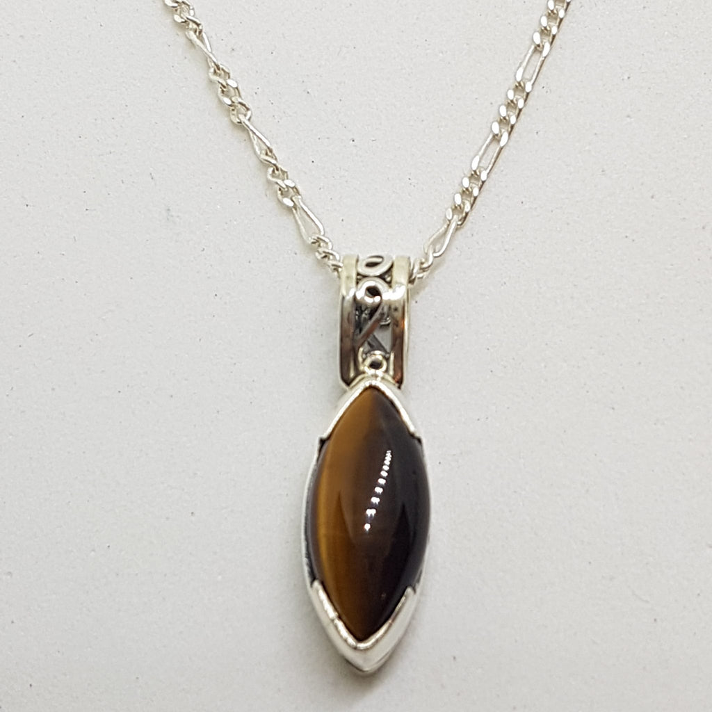 Sterling Silver Dainty Tiger Eye Filigree Pendant on Silver Chain