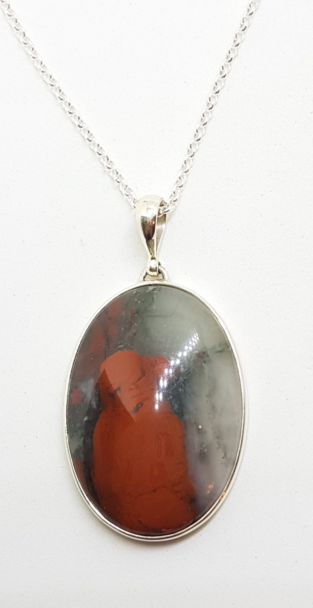 Sterling Silver Oval Bloodstone Pendant on Silver Chain