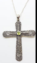 Sterling Silver Large Peridot Cross / Crucifix Pendant on Silver Chain - Square