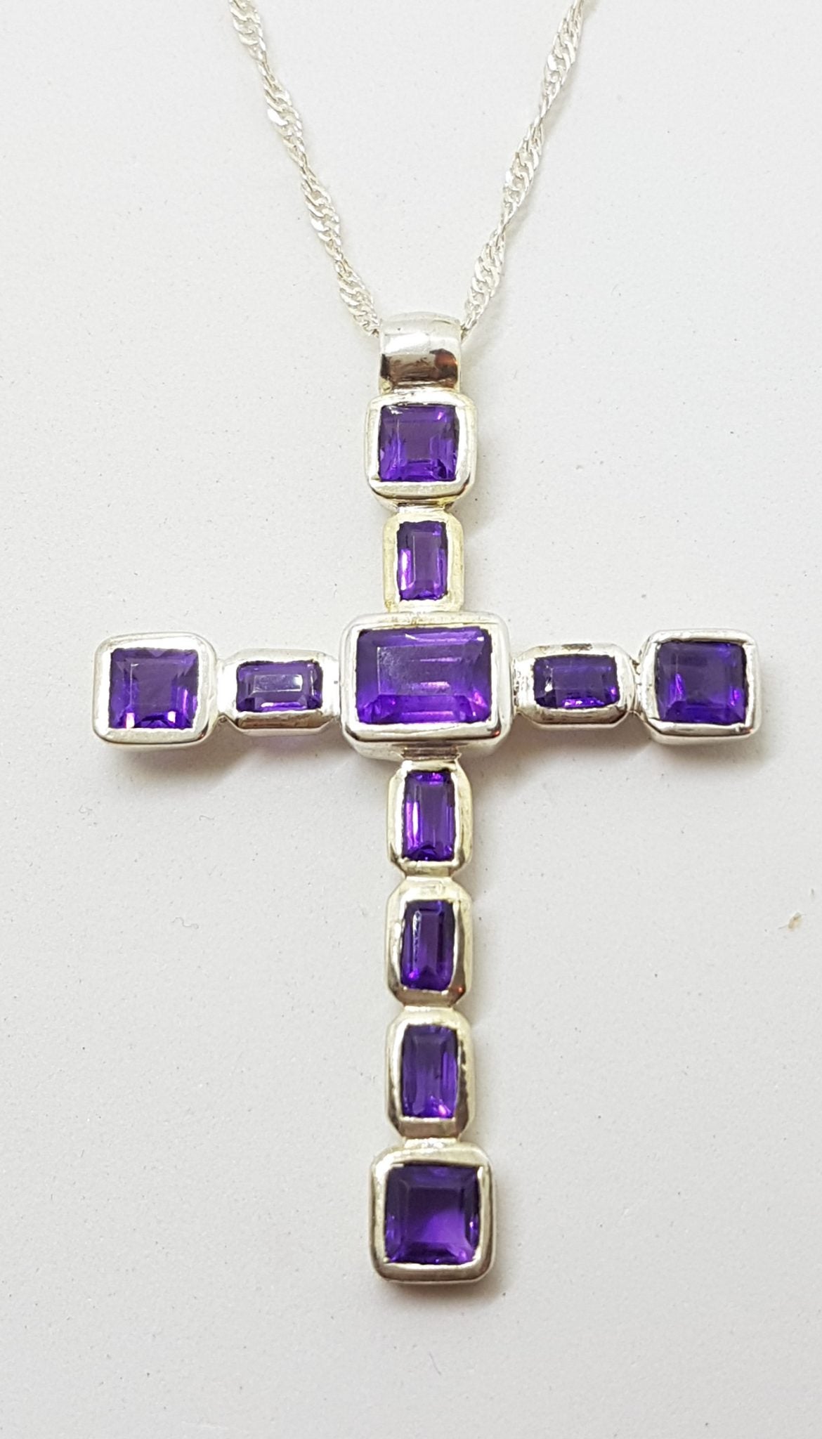 Sterling Silver Large Amethyst Cross / Crucifix Pendant on Silver Chain