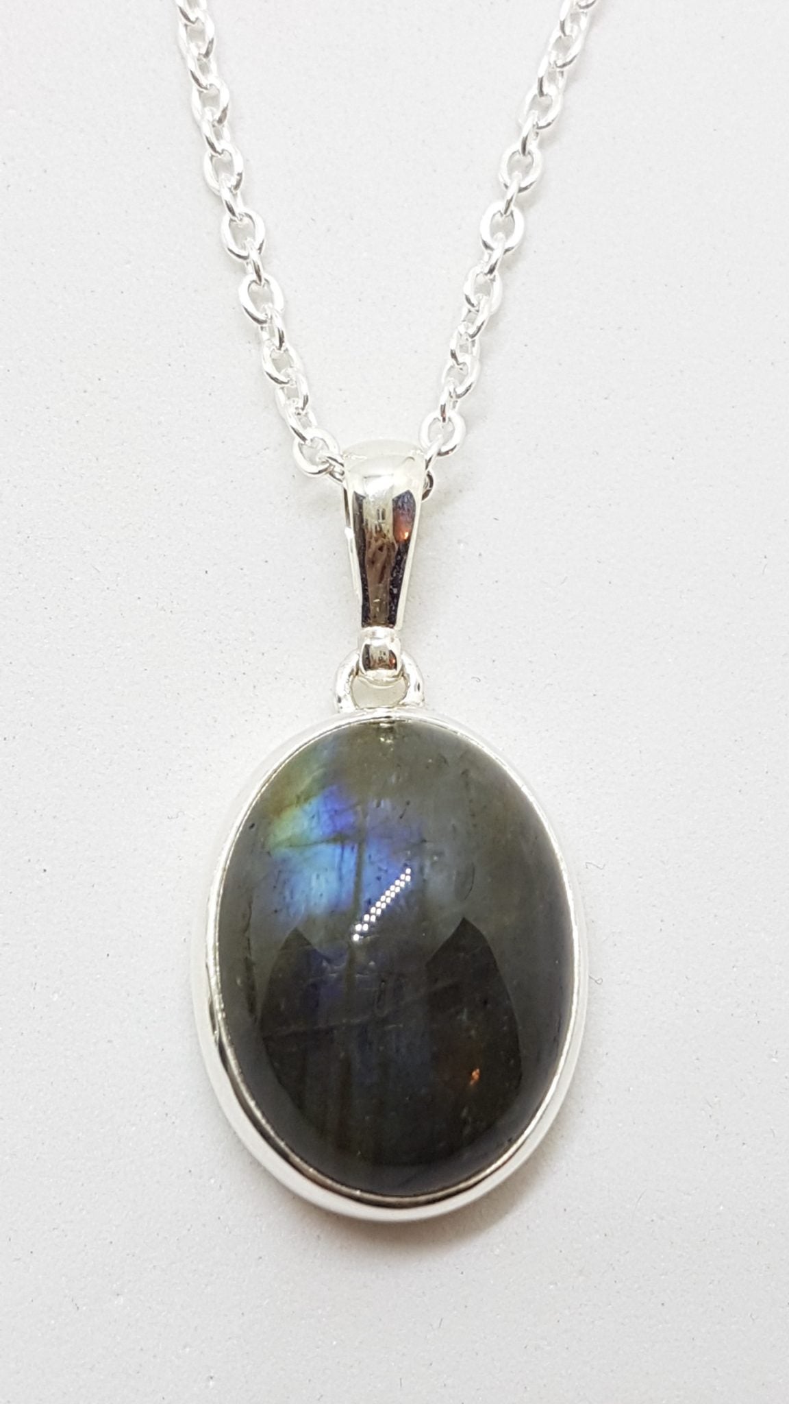 Sterling Silver Oval Cabochon Labradorite Pendant on Silver Chain