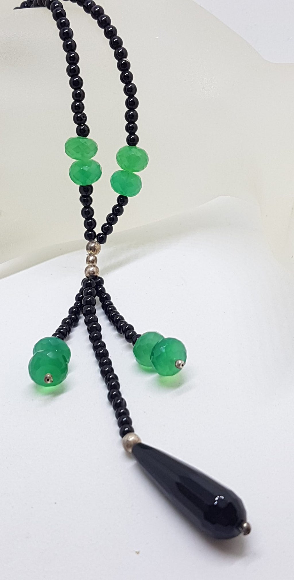 Sterling Silver Green and Black Onyx / Agate Tassel Bead Necklace